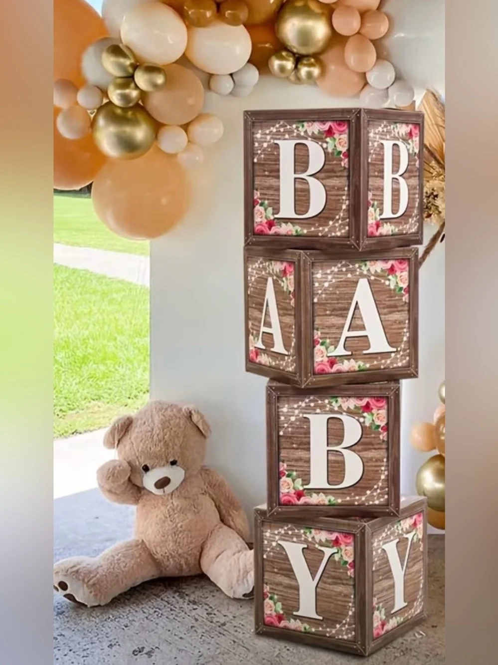 Rustic Floral Baby Blocks Stack - Cream and Brown Nursery Accent